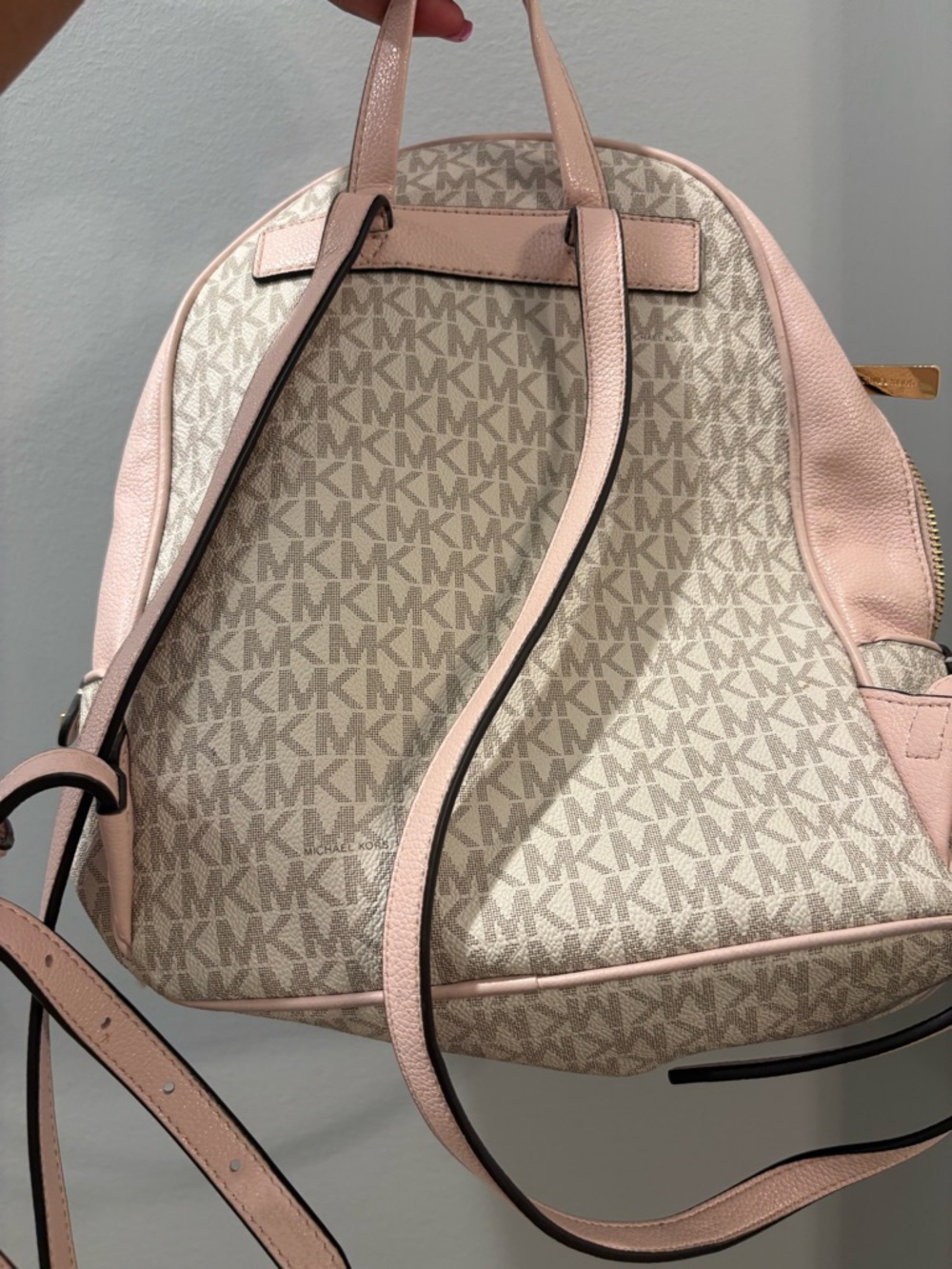 Michael Kors Signature MK Monogram Backpack in Beige with Pale Pink Trim - Picture 2 of 3
